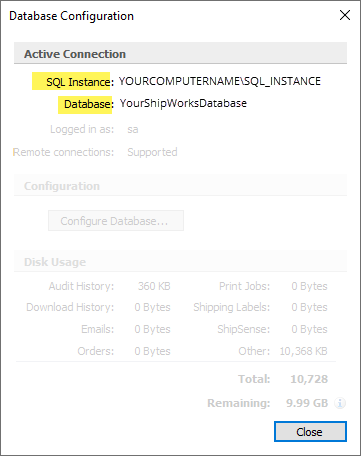 Database configuration Active connection SQL instance.