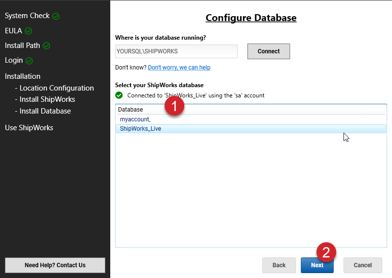 ShipWorks Configure Database with database drop-down and next button with number annotations.