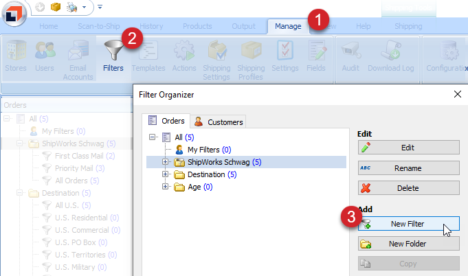 Click manage, filters, new filter.