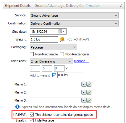 The hazmat checkbox is highlighted and checked on the ship orders screen.
