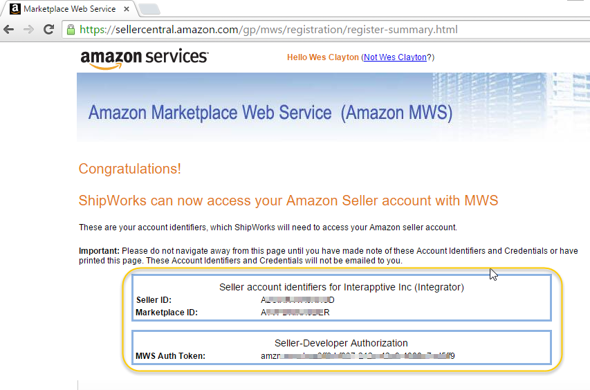 amazon seller id auth token