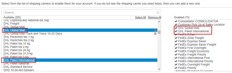 Carriers being enabled in channel advisor by selecting them in the available list.