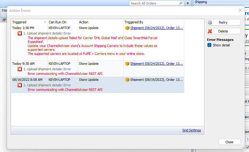 Upload screen shows the channeladvisor error.