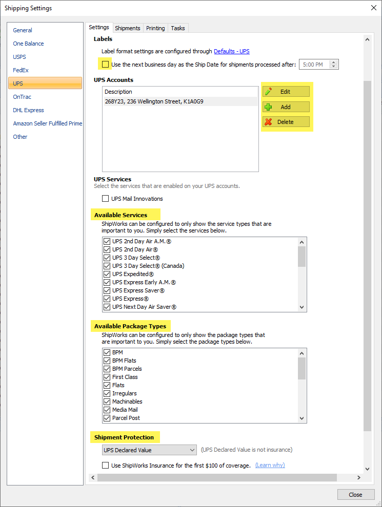 Shipping settings screen, UPS options
