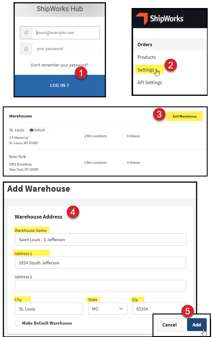 steps to add warehouse in the hub