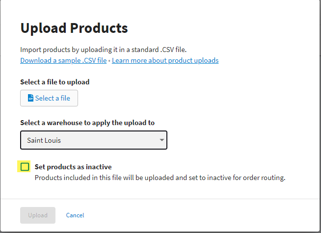 Upload Products popup on the Hub with Set products as inactive checkbox highlighted