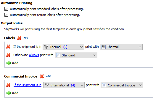 output rules screen commercial invoice