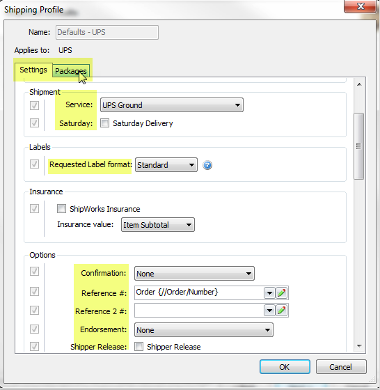 UPS Carrier Settings with Settings and Package tabs highlighted.