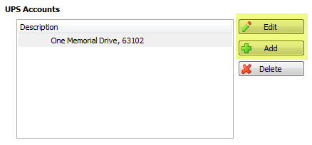 UPS accounts with Edit and Add button highlighted.