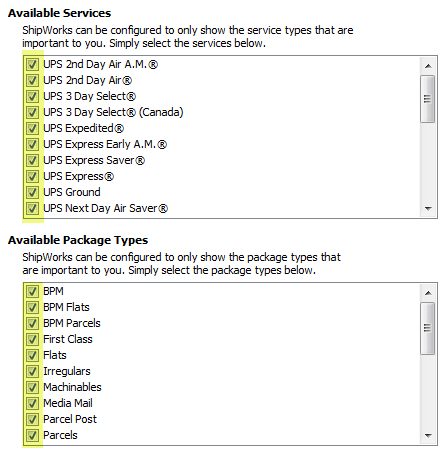 UPS Available services list.