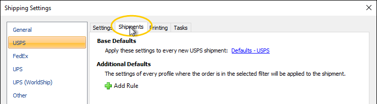 select shipments tab in shipping settings for USPS