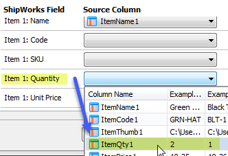 ShipWorks Fields are shown with an arrow pointing out the Item Quantity 1 field.