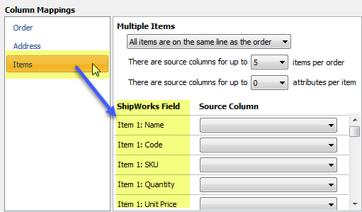 ShipWorks Fields are shown with an arrow pointing to the Item fields on the Items tab.