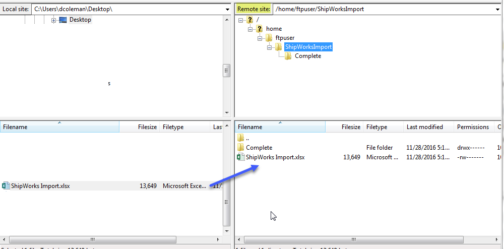 filezilla copy import file panes arrow