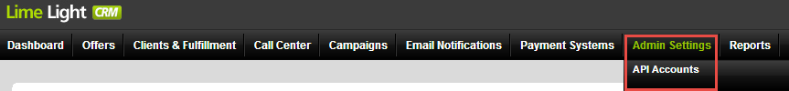 lime light main menu admin settings api accounts