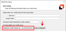 Box highlights ShipWorks Turbify partner ID. Arrow points out Copy to Clipboard button