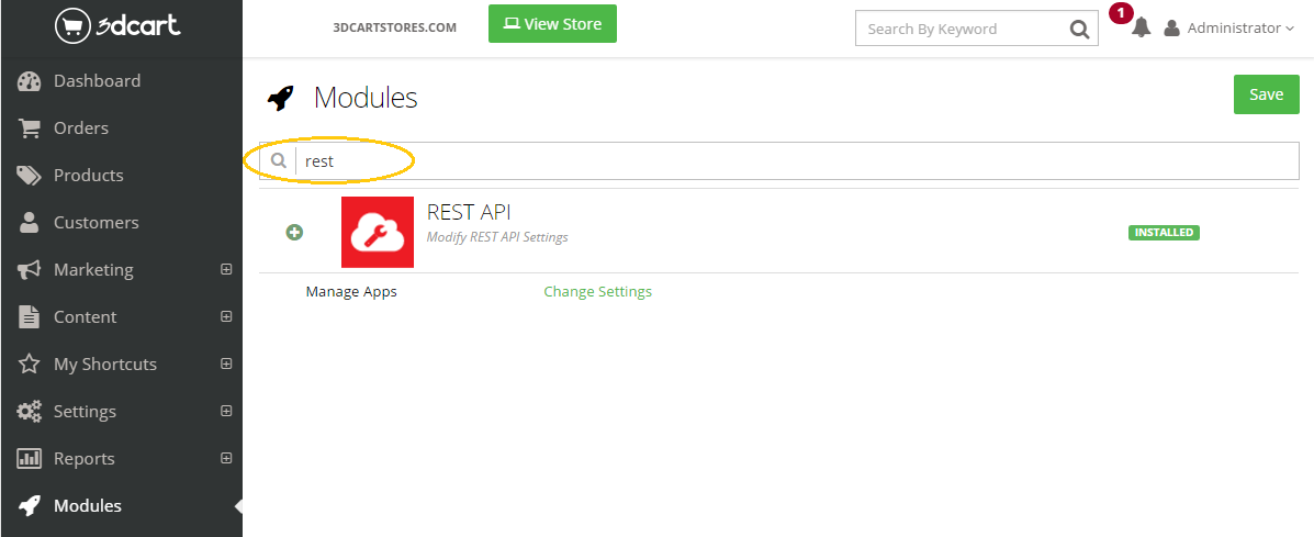 Search for rest API in 3dcart