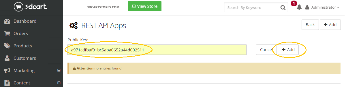 Adding the public key for 3DCart Rest API