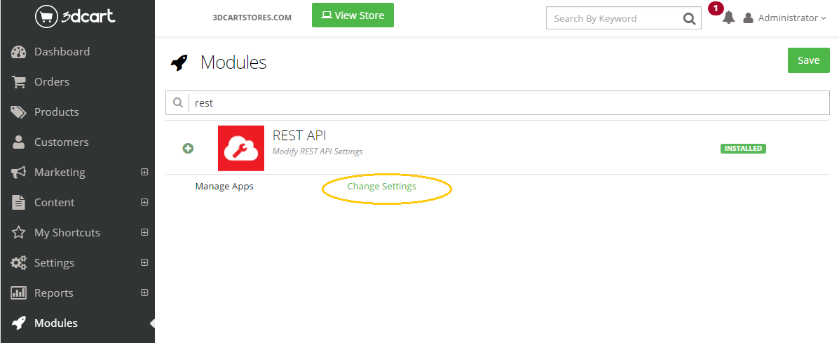Change settings for REST API in 3dCart