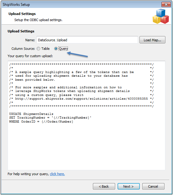 odbc setup wizard upload settings query