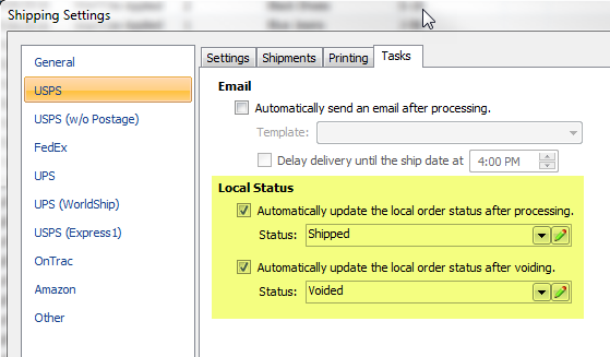 Shipping Settings > tasks tab