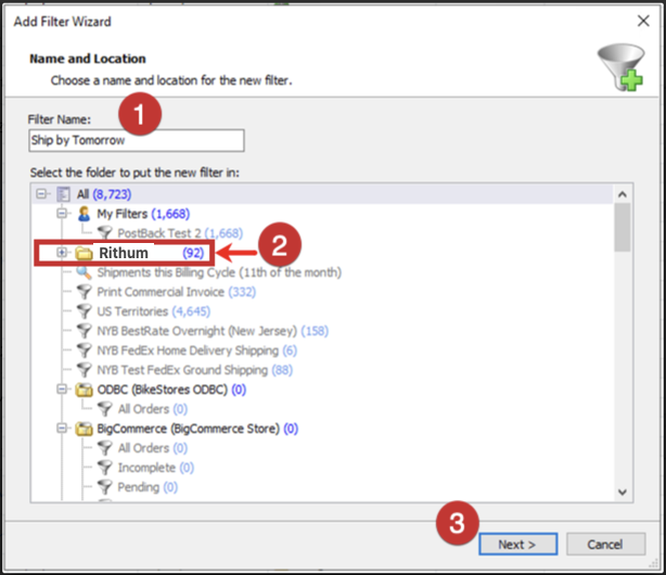 Add Filter Wizard popup. Steps show 1 name filter, 2 select folder, 3 click next