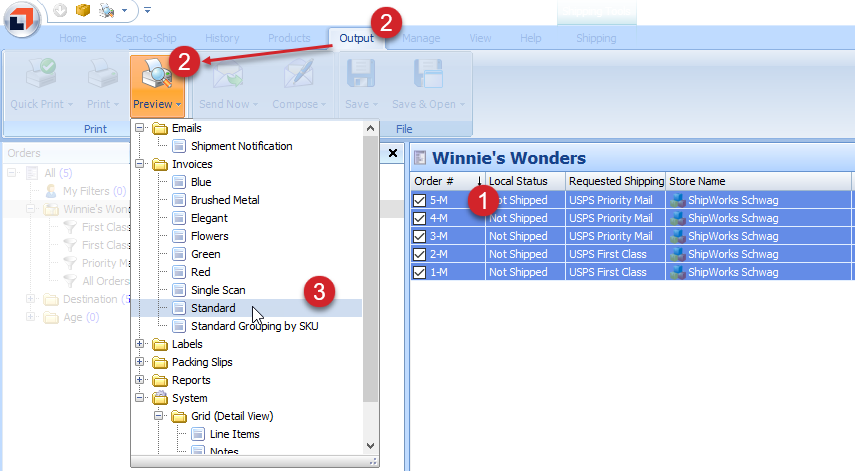 Click the Output tab, then the Preview button. Select the Standard Invoice template.