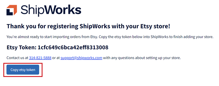 The Etsy token is shown in a web browser screen. The copy etsy token button is highlighted.