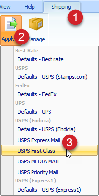 Shipping tab > Apply button > USPS First class. Apply profile