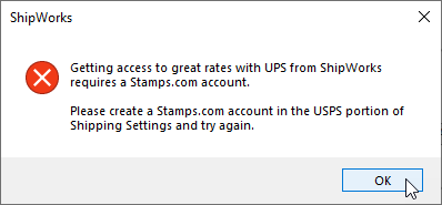 shipworks error one balance requires stamps.com account
