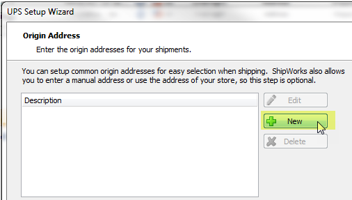 Origin Address screen. Highlights New button with green plus sign.