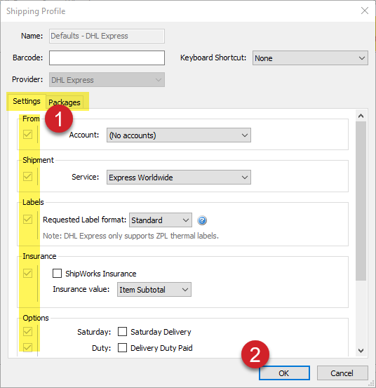dhl shipping profile screen