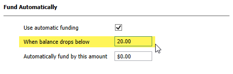 ShipWorks One Balance fund automatically when balance drops below $20 markup