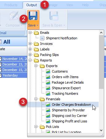 Click the Output tab, then the Save button and select the report to save.