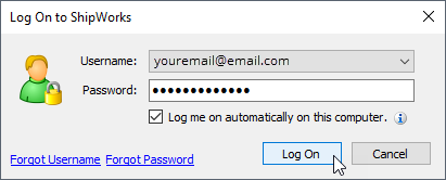 ShipWorks software Log On to ShipWorks screen