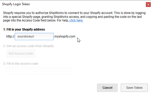 The Shopify Login Token screen is shown and the fill in your Shopify address field is highlighted.