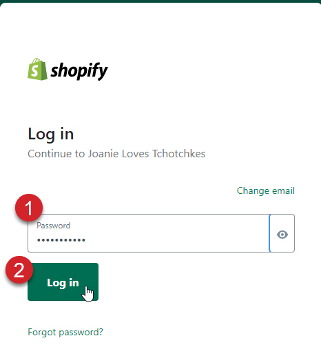 A password is entered into the Shopify login screen and the Log In button is selected.