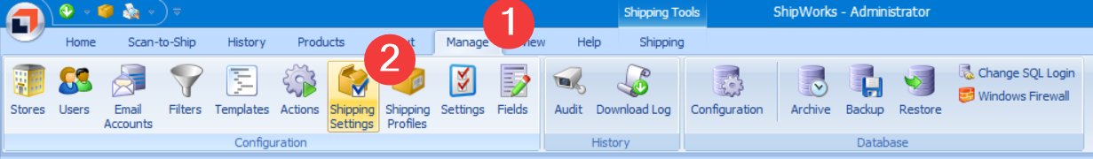 ShipWorks Manage tab > shipping settings button