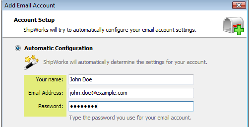 The automatic configuration option is selected and the your name, email address, and password fields are highlighted.