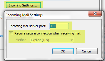 The incoming settings button has been clicked. The incoming mail setting widow is open and the incoming port number is entered. The optional Require secure connection when receiving mail checkbox is highlighted.