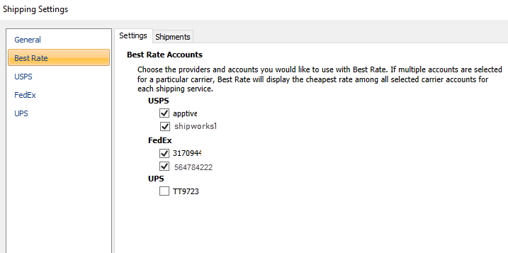 select best rate accounts on shipping settings