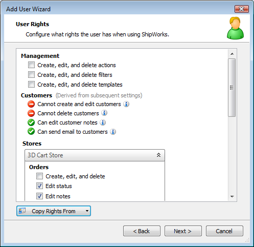 user rights screen in add user wizard