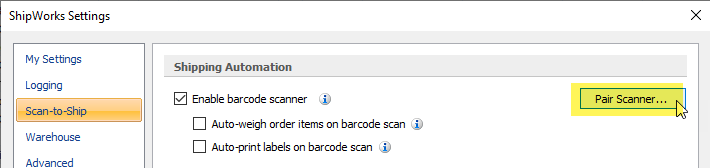 pair scanner button on scan-to ship screen