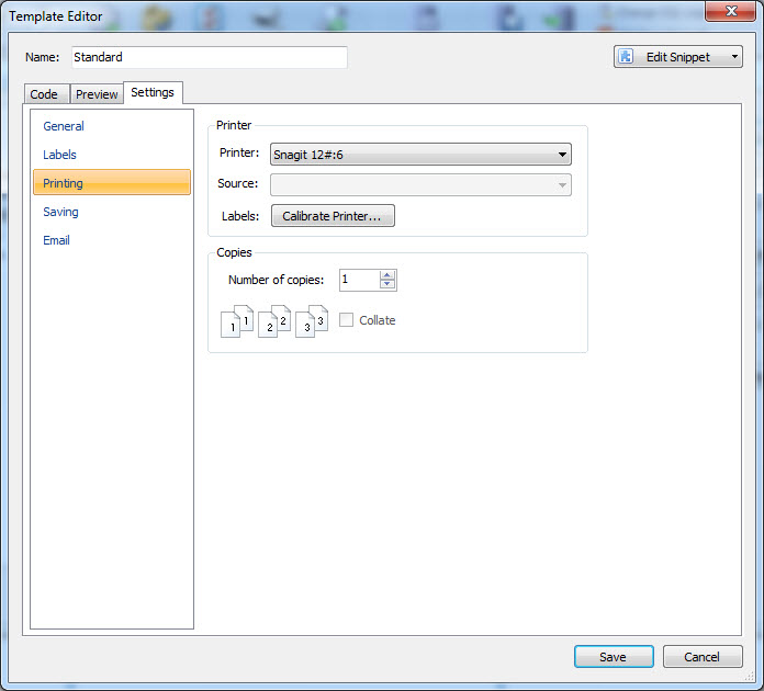 select settings printing on template manager