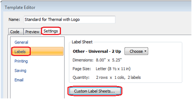 custom label sheet button in template editor
