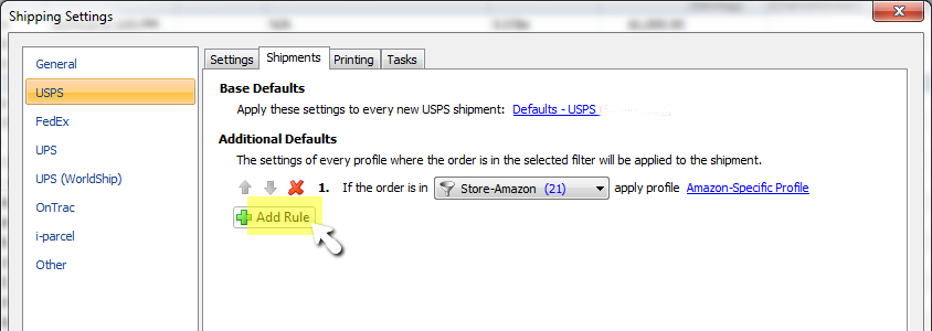 shipping settings UPS shipments tab button add rule