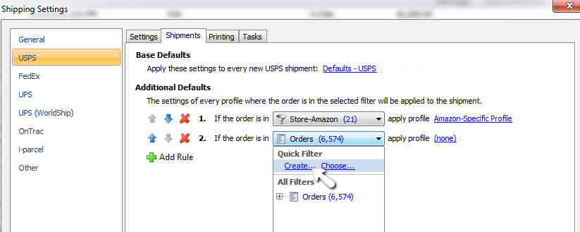 click create quick filter shipping rule ups shipping settings