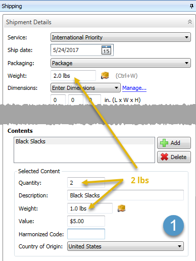 international shipment weights contents shipment details