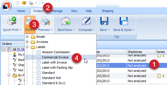 Select an order. Click the Output tab then the Print button. Select the Commercial Invoice template.