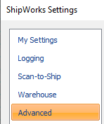 select Advanced on ShipWorks settings